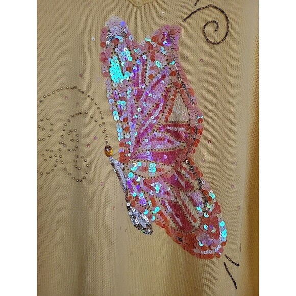 The Quacker Factory Sweater Womens 1X Yellow Butterfly V Neck Bling Casual - Picture 4 of 8